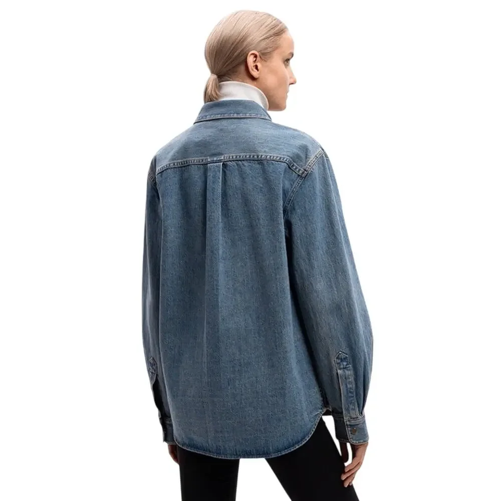 Helmut Lang Collared Shirt Blue Logo Long Sleeve Cotton Denim Women's Size Large